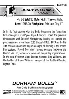 2019 Choice Durham Bulls #26 Brady Williams Back