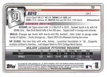 2020 Bowman Chrome #53 Matthew Boyd Back