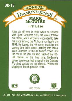 1993 Donruss - Diamond Kings #DK-18 Mark McGwire Back