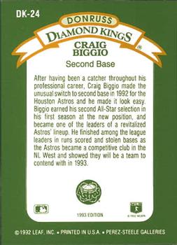 1993 Donruss - Diamond Kings #DK-24 Craig Biggio Back