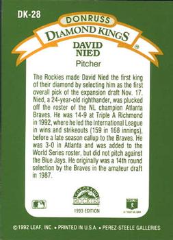 1993 Donruss - Diamond Kings #DK-28 David Nied Back