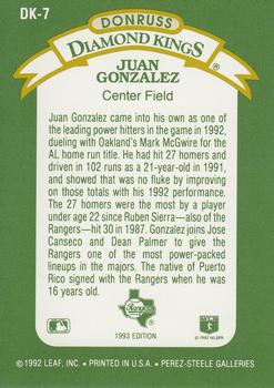 1993 Donruss - Diamond Kings #DK-7 Juan Gonzalez Back