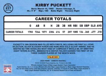 2020 Donruss - Milestone Stat Line #217 Kirby Puckett Back