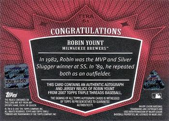 2007 Topps Triple Threads - Relics Autographs White Whale Printing Plate #TTRA61 Robin Yount Back