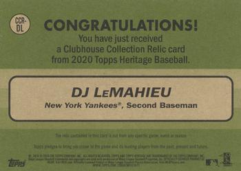 2020 Topps Heritage - Clubhouse Collection Relics #CCR-DL DJ LeMahieu Back