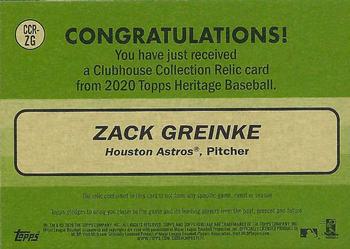 2020 Topps Heritage - Clubhouse Collection Relics #CCR-ZG Zack Greinke Back