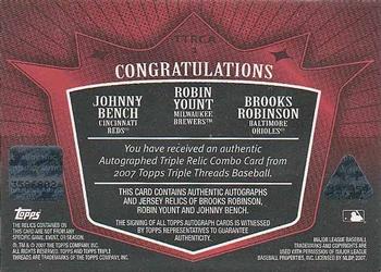 2007 Topps Triple Threads - Relics Combos Autographs White Whale Printing Plate #TTRCA1 Brooks Robinson / Robin Yount / Johnny Bench Back