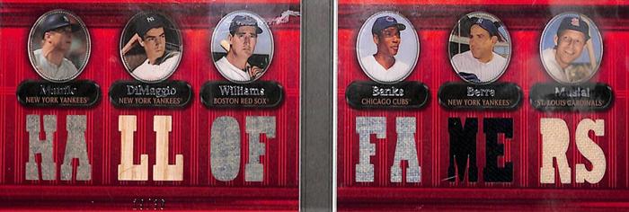 2007 Topps Triple Threads - Relics Combos Double #15 Mickey Mantle / Joe DiMaggio / Ted Williams / Ernie Banks / Yogi Berra / Stan Musial Front