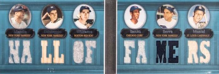2007 Topps Triple Threads - Relics Combos Double Sapphire #15 Mickey Mantle / Joe DiMaggio / Ted Williams / Ernie Banks / Yogi Berra / Stan Musial Front