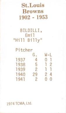 1974-75 TCMA St. Louis Browns #NNO Emil Bildilli Back