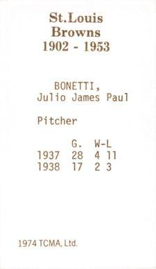1974-75 TCMA St. Louis Browns #NNO Julio Bonetti Back