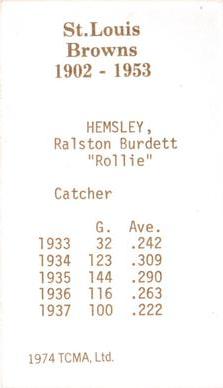 1974-75 TCMA St. Louis Browns #NNO Rollie Hemsley Back