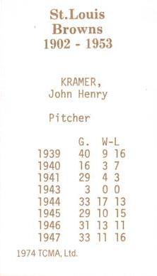 1974-75 TCMA St. Louis Browns #NNO Jack Kramer Back
