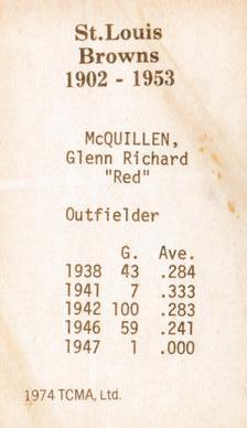 1974-75 TCMA St. Louis Browns #NNO Red McQuillen Back