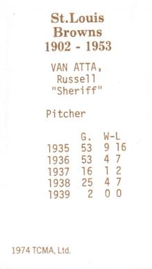 1974-75 TCMA St. Louis Browns #NNO Russell Van Atta Back