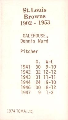 1974-75 TCMA St. Louis Browns #NNO Dennis Galehouse Back