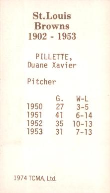 1974-75 TCMA St. Louis Browns #NNO Duane Pillette Back