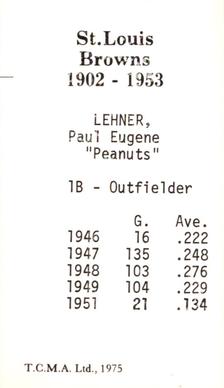1974-75 TCMA St. Louis Browns #NNO Paul Lehner Back