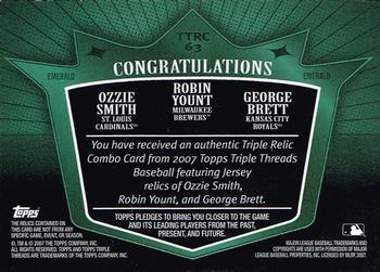 2007 Topps Triple Threads - Relics Combos Emerald #TTRC63 George Brett / Robin Yount / Ozzie Smith Back