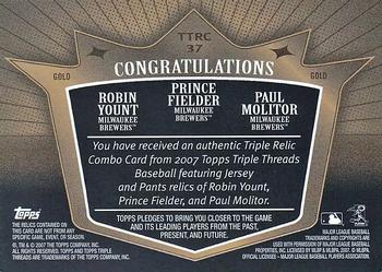 2007 Topps Triple Threads - Relics Combos Gold #TTRC37 Paul Molitor / Prince Fielder / Robin Yount Back