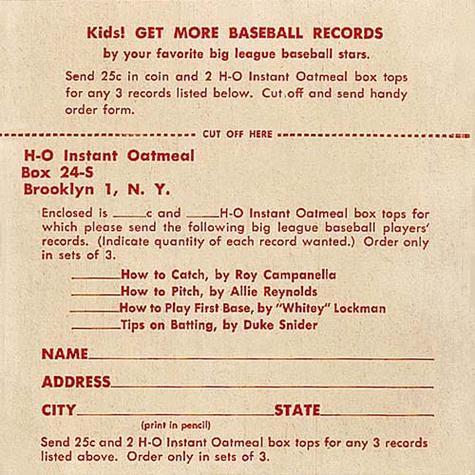 1953 H-O Oatmeal Records #NNO Record Mail Order Form Front