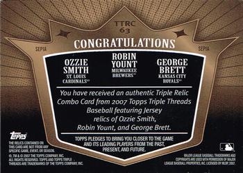 2007 Topps Triple Threads - Relics Combos Sepia #TTRC63 George Brett / Robin Yount / Ozzie Smith Back