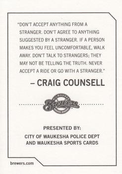 2009 Milwaukee Brewers Police - City of Waukesha Police Dept. and Waukesha Sports Cards #NNO Craig Counsell Back