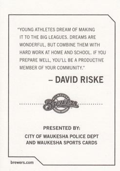 2009 Milwaukee Brewers Police - City of Waukesha Police Dept. and Waukesha Sports Cards #NNO David Riske Back