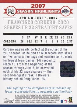2007 Topps Updates & Highlights - 2007 Highlights Autographs #HAFC Francisco Cordero Back