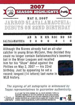 2007 Topps Updates & Highlights - 2007 Highlights Autographs #HAJS Jarrod Saltalamacchia Back
