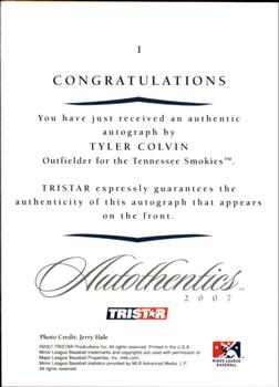 2007 TriStar Autothentics - Autographs #1 Tyler Colvin Back