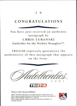 2007 TriStar Autothentics #19 Chris Lubanski Back