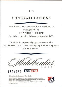 2007 TriStar Autothentics - Autographs Blue #13 Brandon Tripp Back