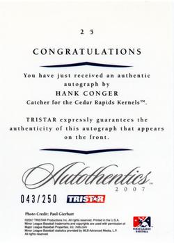2007 TriStar Autothentics - Autographs Blue #25 Hank Conger Back