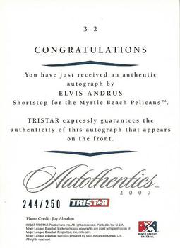 2007 TriStar Autothentics - Autographs Blue #32 Elvis Andrus Back