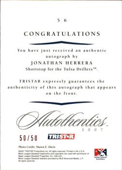 2007 TriStar Autothentics - Autographs Red #56 Jonathan Herrera Back