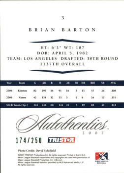 2007 TriStar Autothentics - Green #3 Brian Barton Back