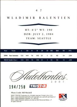 2007 TriStar Autothentics - Green #47 Wladimir Balentien Back