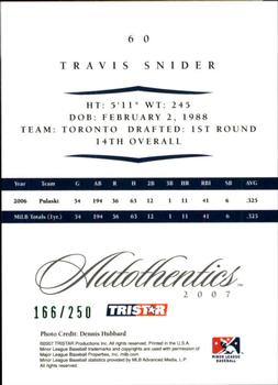 2007 TriStar Autothentics - Green #60 Travis Snider Back