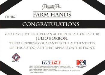 2007 TriStar Prospects Plus - Farm Hands Autographs #FH-JB2 Julio Borbon Back