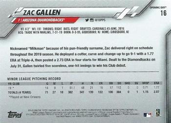 2020 Topps Opening Day - Opening Day Edition Blue Foil #16 Zac Gallen Back