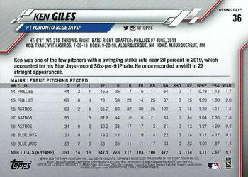 2020 Topps Opening Day - Opening Day Edition Blue Foil #36 Ken Giles Back