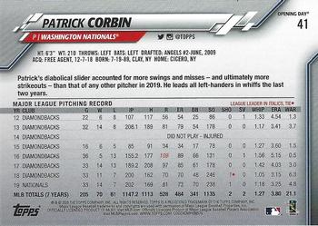 2020 Topps Opening Day - Opening Day Edition Blue Foil #41 Patrick Corbin Back