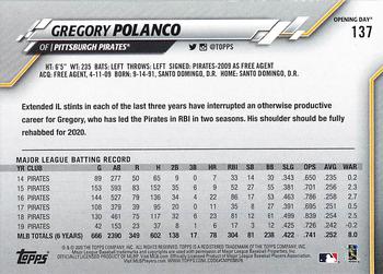 2020 Topps Opening Day - Opening Day Edition Blue Foil #137 Gregory Polanco Back