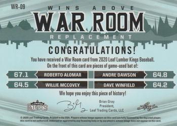 2020 Leaf Lumber Kings - W.A.R. Room Relics Silver #WR-09 Roberto Alomar / Andre Dawson / Willie McCovey / Dave Winfield Back