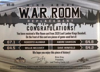 2020 Leaf Lumber Kings - W.A.R. Room Relics Platinum #WR-09 Roberto Alomar / Andre Dawson / Willie McCovey / Dave Winfield Back