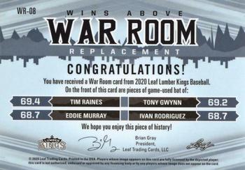2020 Leaf Lumber Kings - W.A.R. Room Relics Red #WR-08 Tim Raines / Tony Gwynn / Eddie Murray / Ivan Rodriguez Back