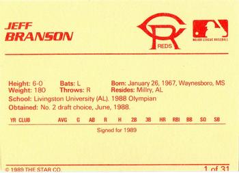 1989 Star Cedar Rapids Reds - Platinum #1 Jeff Branson Back