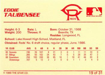 1989 Star Cedar Rapids Reds - Platinum #19 Eddie Taubensee Back
