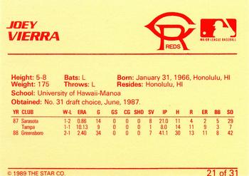1989 Star Cedar Rapids Reds - Platinum #21 Joey Vierra Back